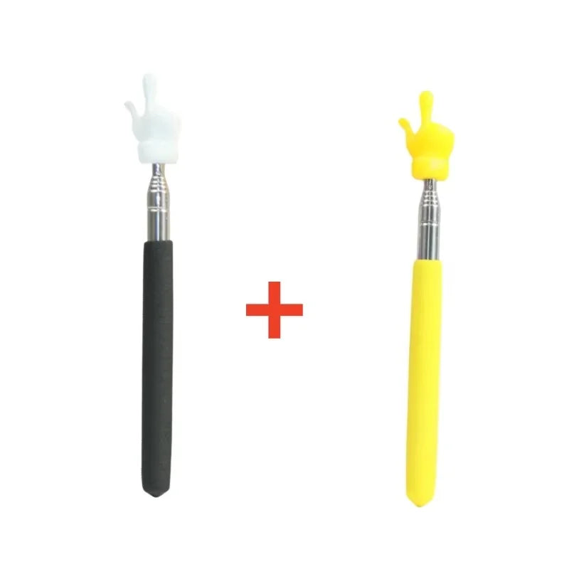 A yellow stainless steel telescopic teaching pointer with a hand shape on the tip.