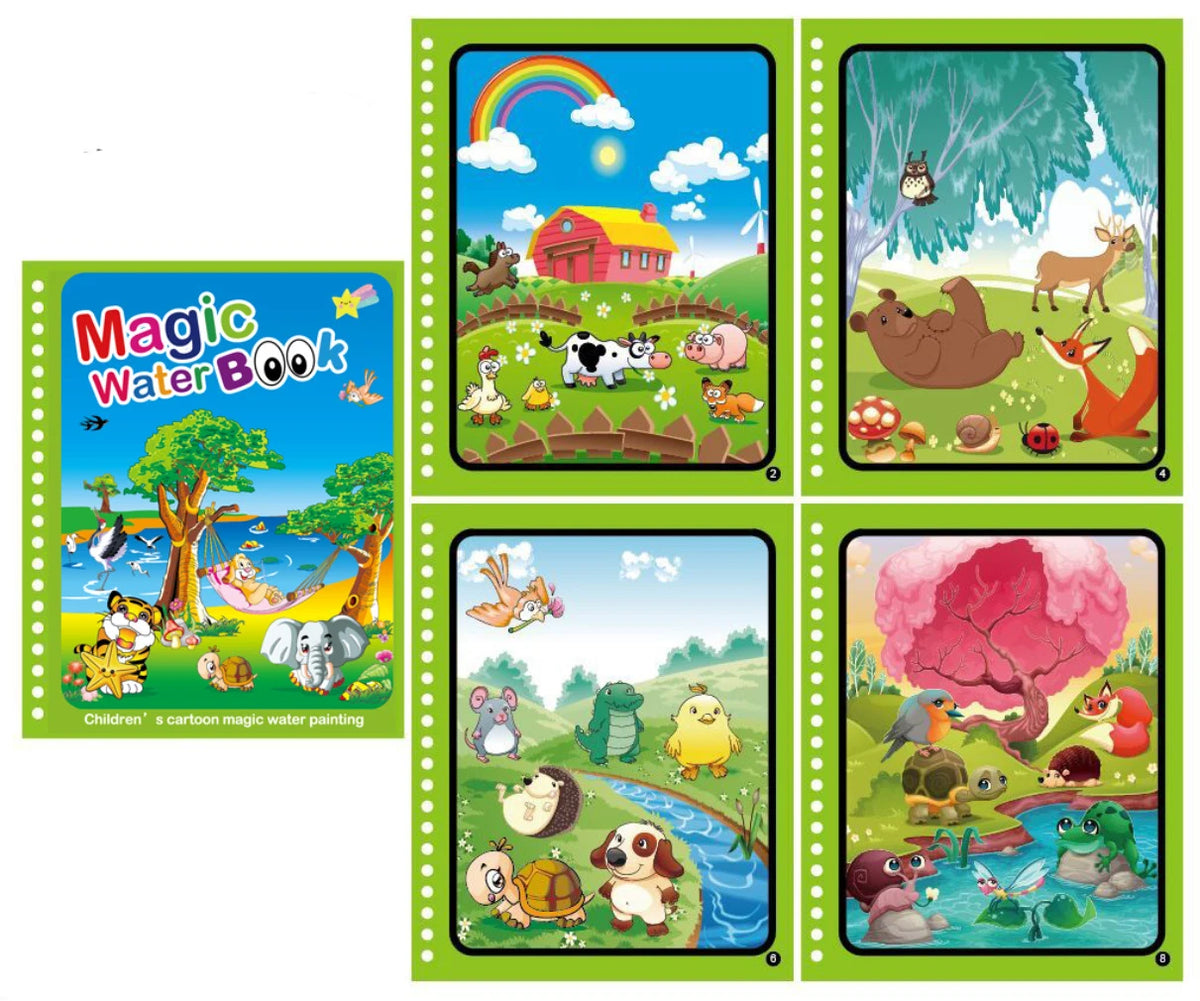 A set of five illustrated pages from a Magic Water Book featuring colorful scenes and animals.