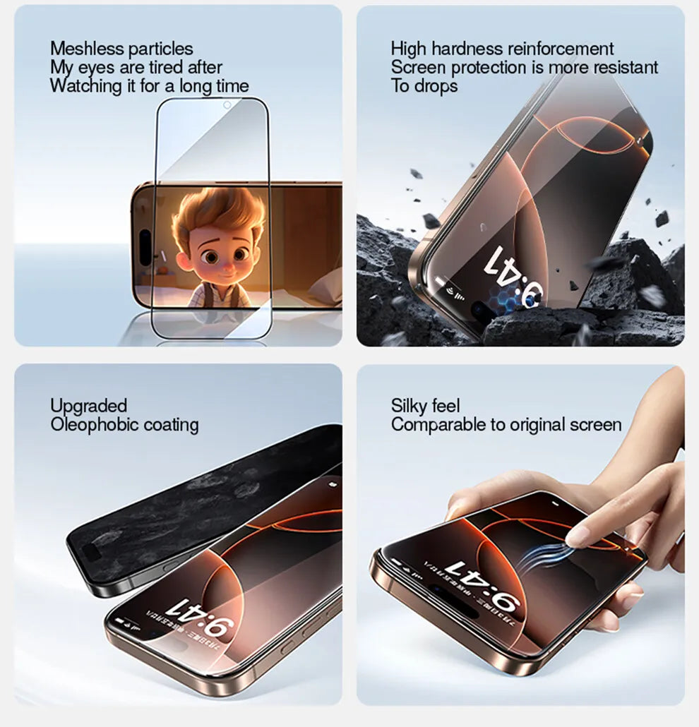A collection of features for a privacy screen protector including eye relief, high hardness reinforcement, upgraded oleophobi