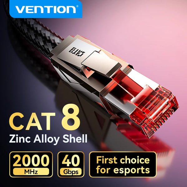Close-up of a Cat8 Ethernet cable with a zinc alloy shell and red connector, highlighting its 2000 MHz and 40 Gbps speed for 