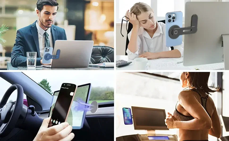 A collage showing a magnetic phone holder used for laptops, monitors, and a smartphone in various contexts.