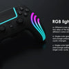 A black PlayStation 5 compatible controller featuring vibrant RGB lighting effects.