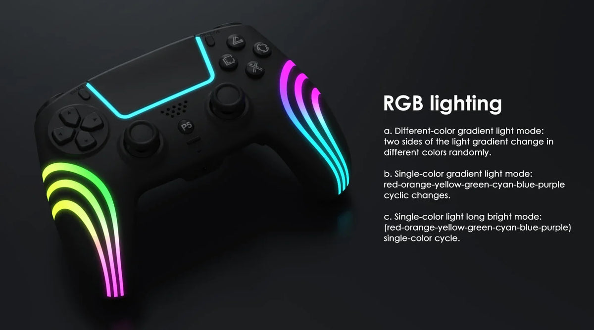 A black PlayStation 5 compatible controller featuring vibrant RGB lighting effects.