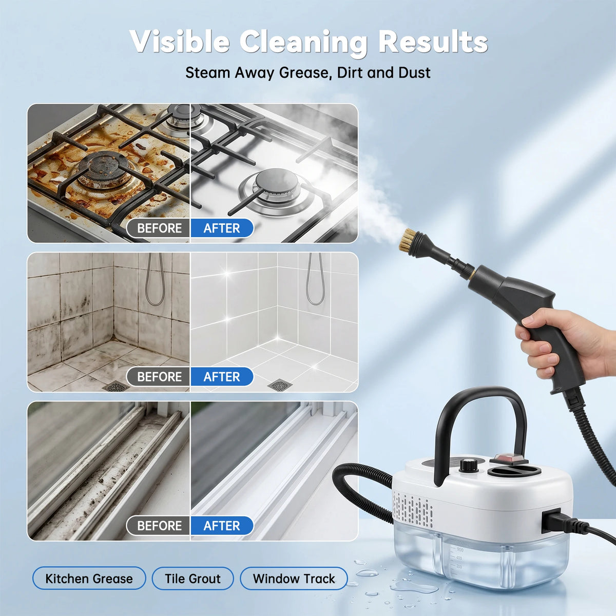 A handheld steam cleaner is shown demonstrating visible cleaning results on a stovetop, tile grout, and window tracks.