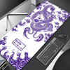Purple and white Japan-style gaming desk mat featuring a detailed dragon design on a black surface.