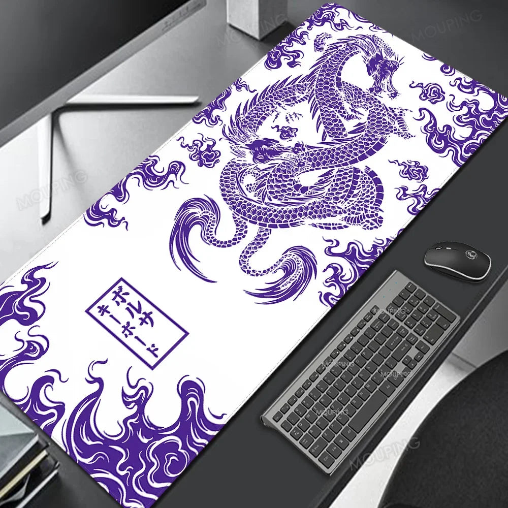 Purple and white Japan-style gaming desk mat featuring a detailed dragon design on a black surface.