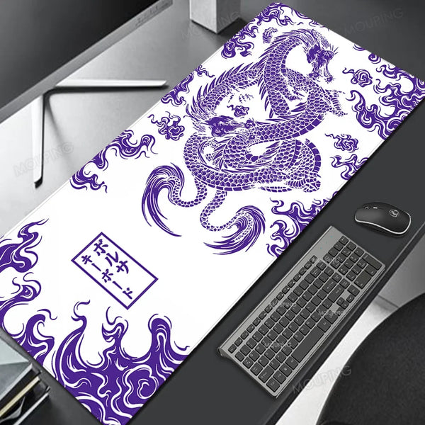 Purple and white Japan-style gaming desk mat featuring a detailed dragon design on a black surface.