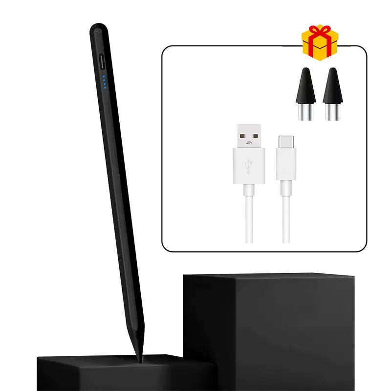A black universal active stylus pen is shown next to a black box and various connector tips.