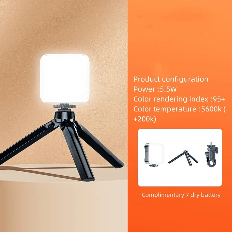 A black mini clip-on LED fill light is shown illuminating a surface, with product configuration details displayed.