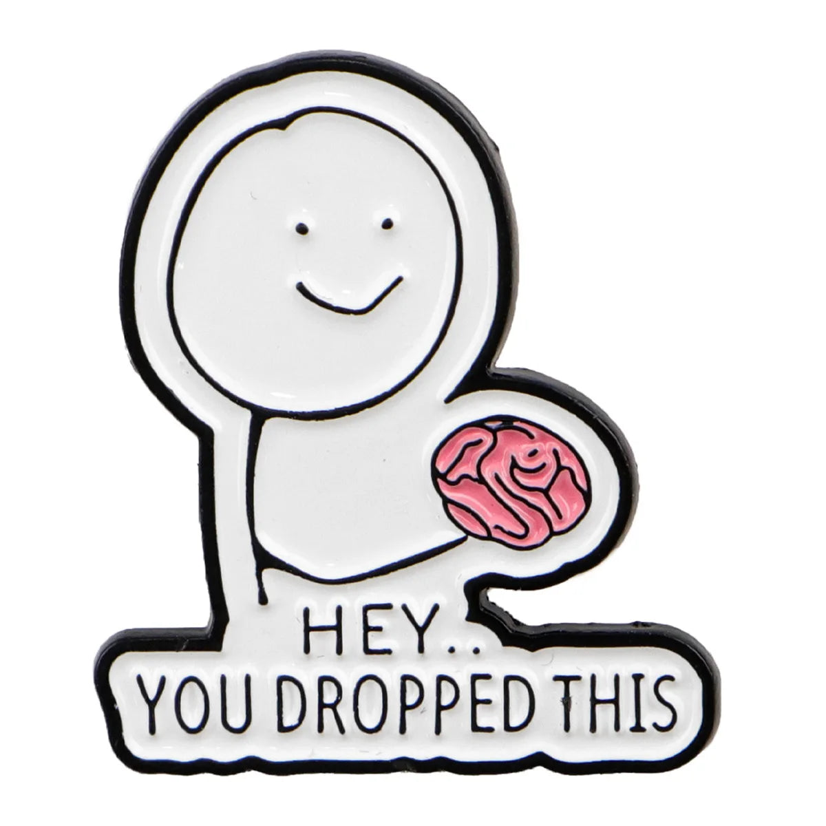 A white enamel pin shaped like a smiling face holding a pink brain.