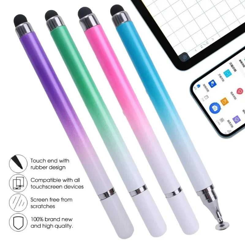 A set of four colorful stylus pens with rubber tips shown next to a tablet and smartphone screen