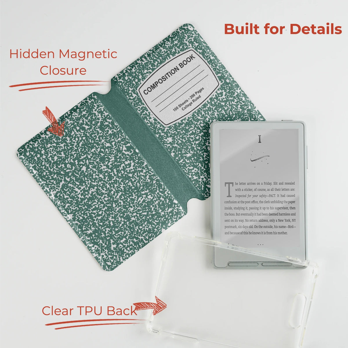 Une étui magnétique vert protecteur pour un carnet de composition, avec un dos en TPU transparent.