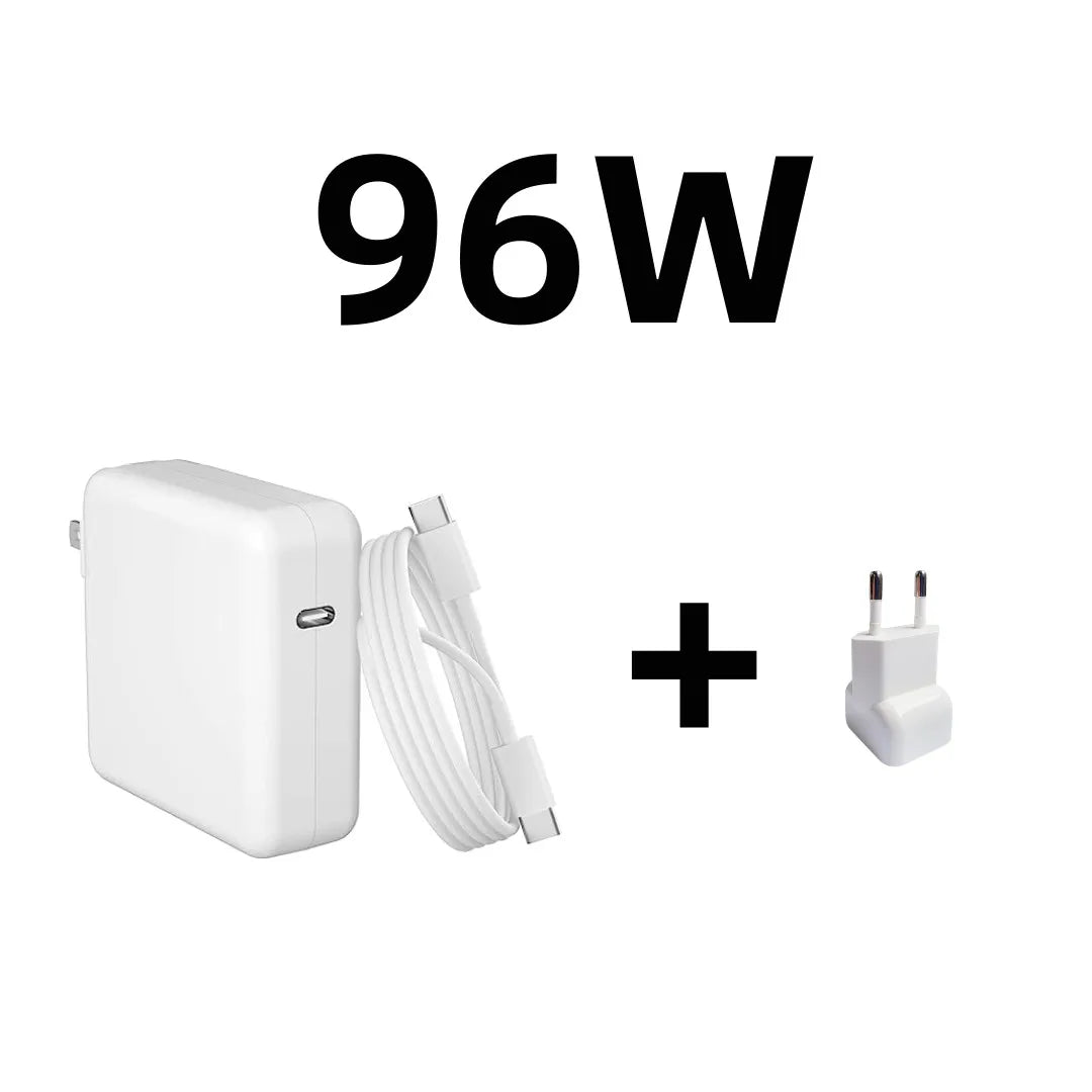 محول طاقة أبيض مع سلك وموصل USB-C، مُعلّم بـ 96 واط.