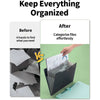Before and after comparison showing a messy pile of papers versus an organized expanding A4 file folder