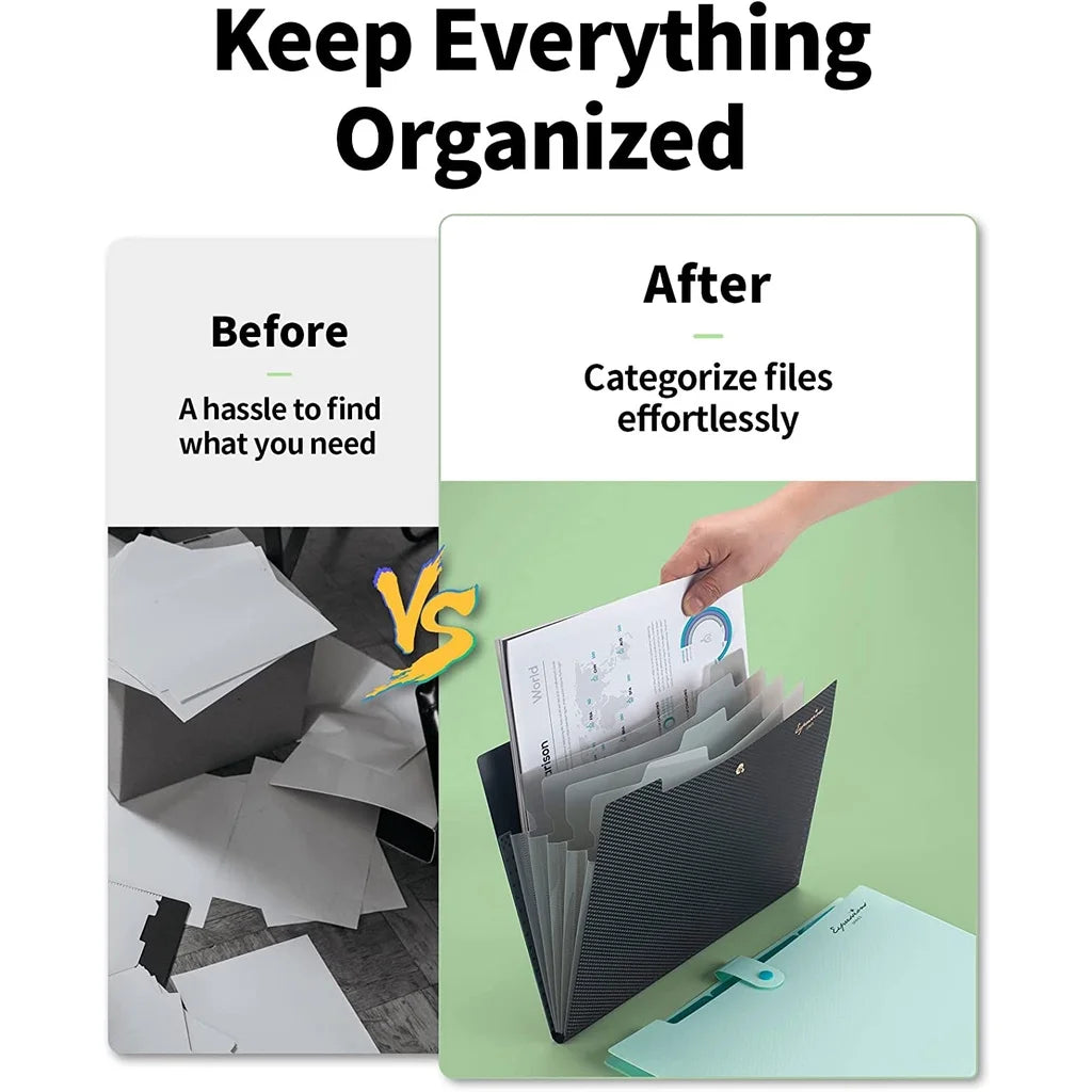 Before and after comparison showing a messy pile of papers versus an organized expanding A4 file folder