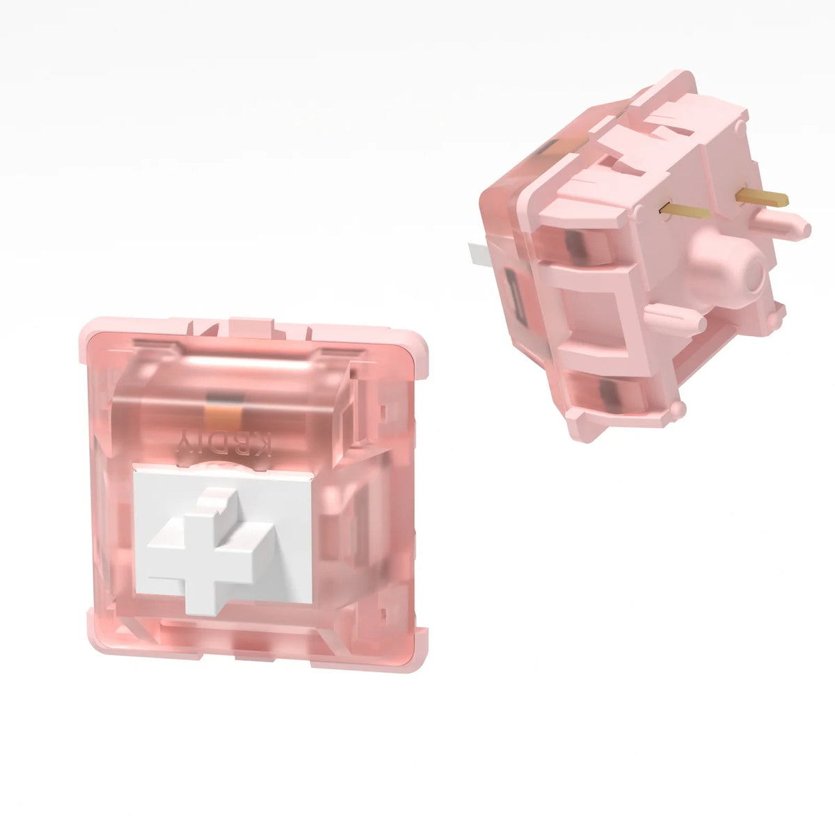 A close-up view of pink linear mechanical keyboard switches.