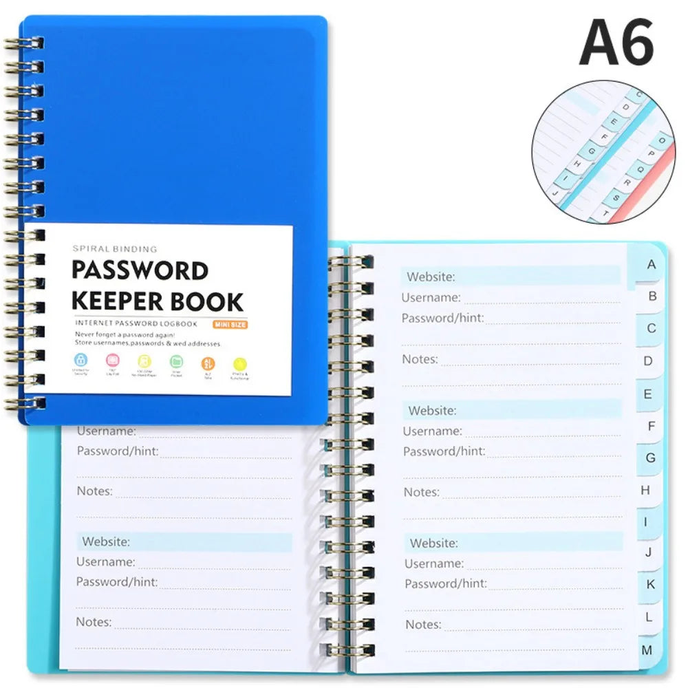 A6 spiral bound password keeper notebook with alphabetical tabs and blank pages