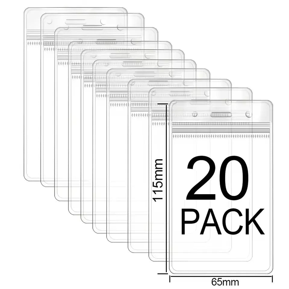 A stack of twenty clear plastic ID card holder sleeves for protection and storage.