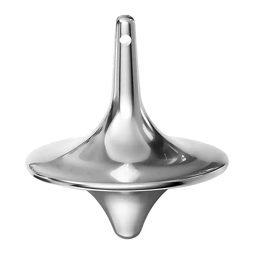 Silver metal hand spinning top fidget toy with a pointed, conical shape.