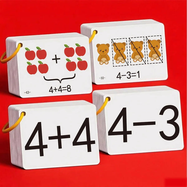 A set of white arithmetic skill building cards showing addition and subtraction problems for children.