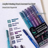 A set of multi-color acrylic painting gel pens in various shades including black, blue, and purple stacked on a grid paper.