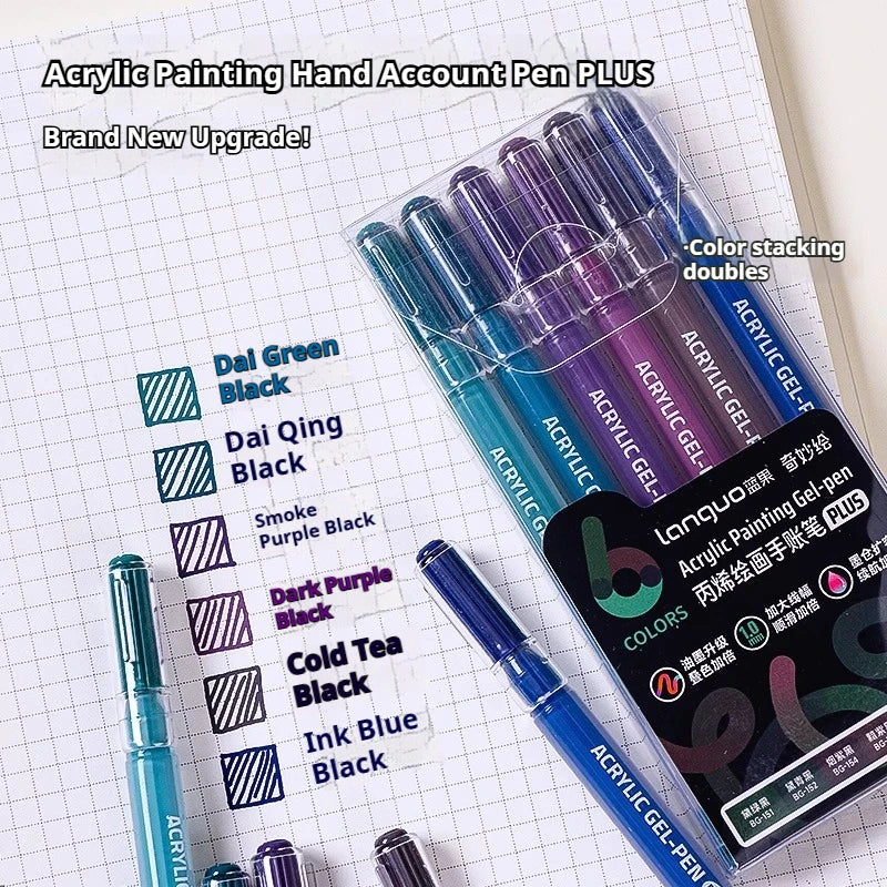 A set of multi-color acrylic painting gel pens in various shades including black, blue, and purple stacked on a grid paper.