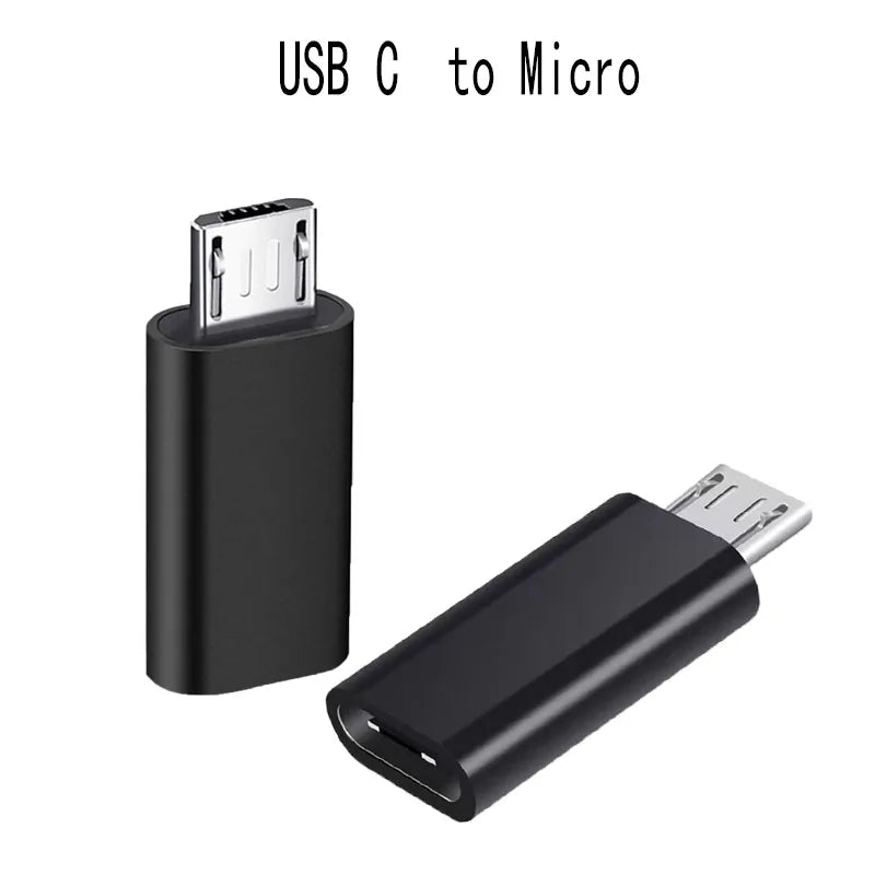 A black USB-C to Micro adapter for charging and data sync.
