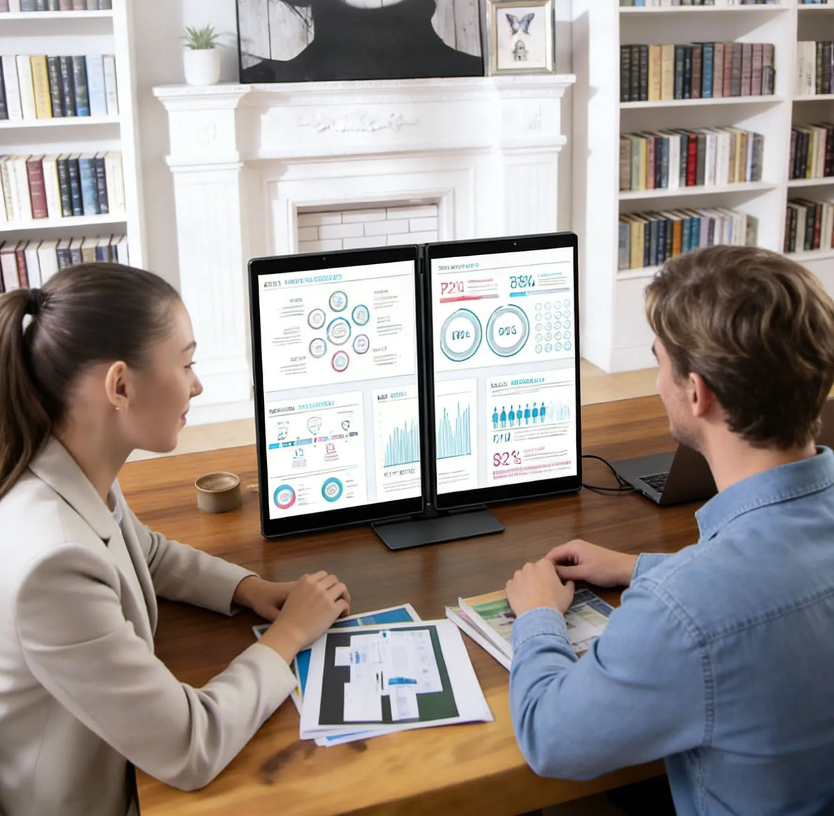 A woman and a man are looking at a laptop displaying data on a 14-inch dual screen portable monitor.