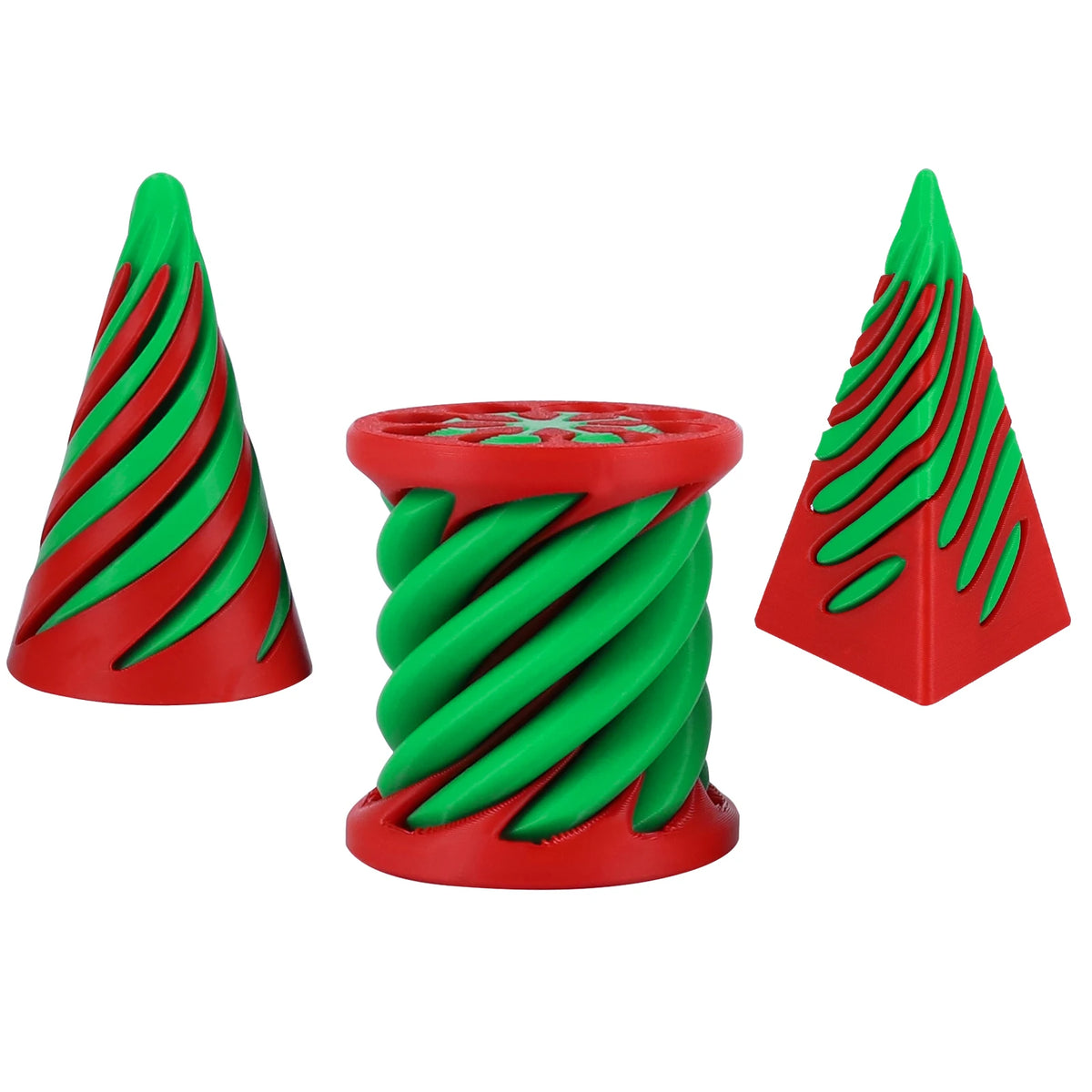 Un juego de tres juguetes antiestrés espirales rojos y verdes con forma de conos.