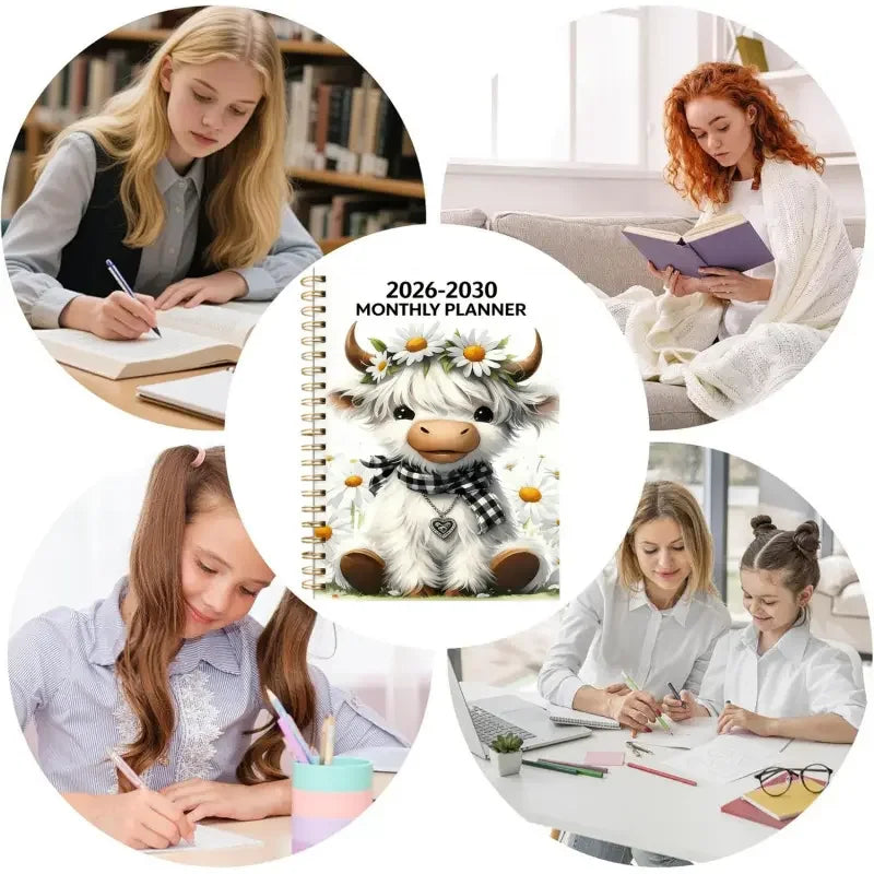 A collection of images showing a girl using a planner, an adult reading, and a woman writing in a notebook.