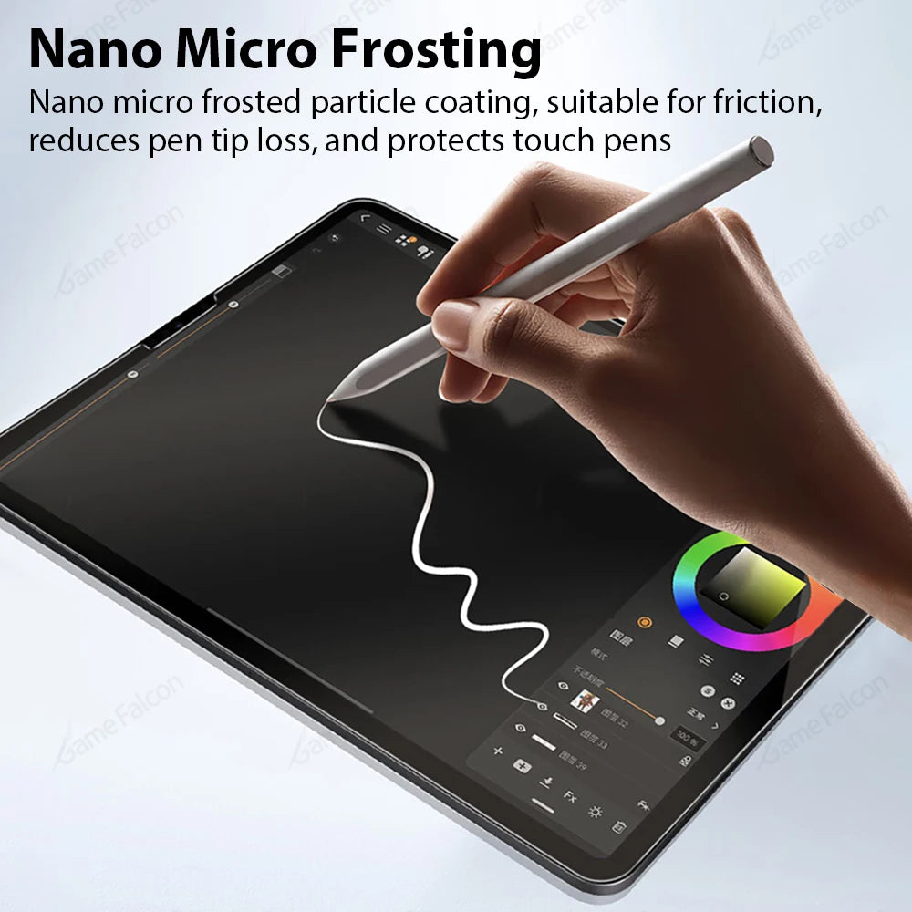 Una mano usa un bolígrafo para aplicar un recubrimiento de micro-frosting nano en la pantalla de una tableta, demostrando la 
