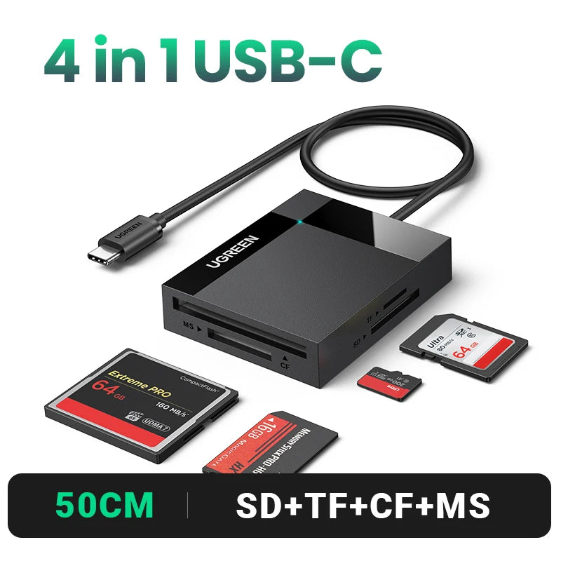 Adaptador USB-C negro 4 en 1 con ranuras para tarjetas SD, TF, CF y MS.