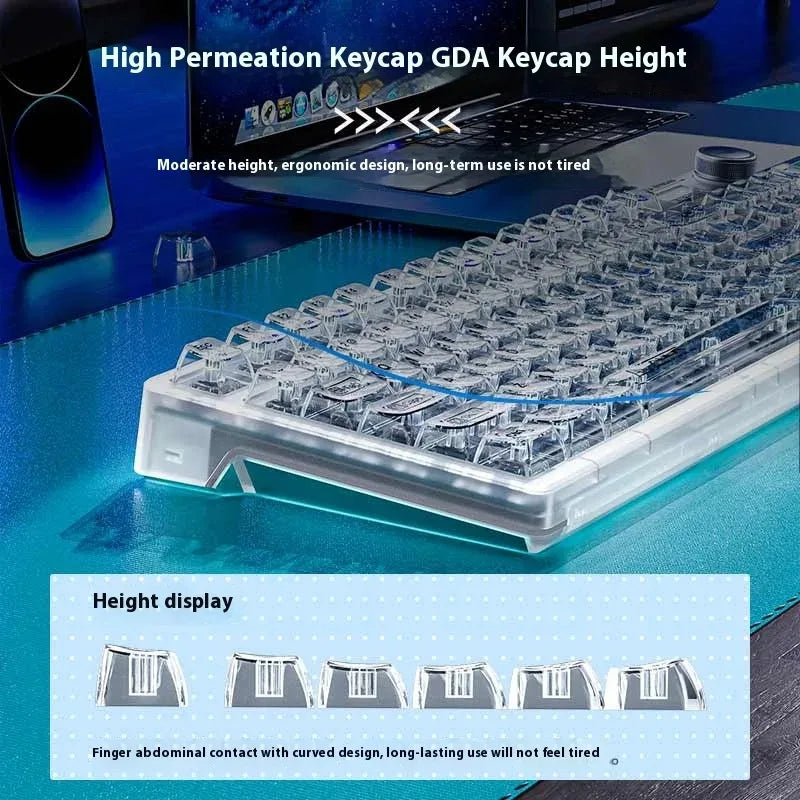 Transparent mechanical keyboard showing various keycap heights and ergonomic design features