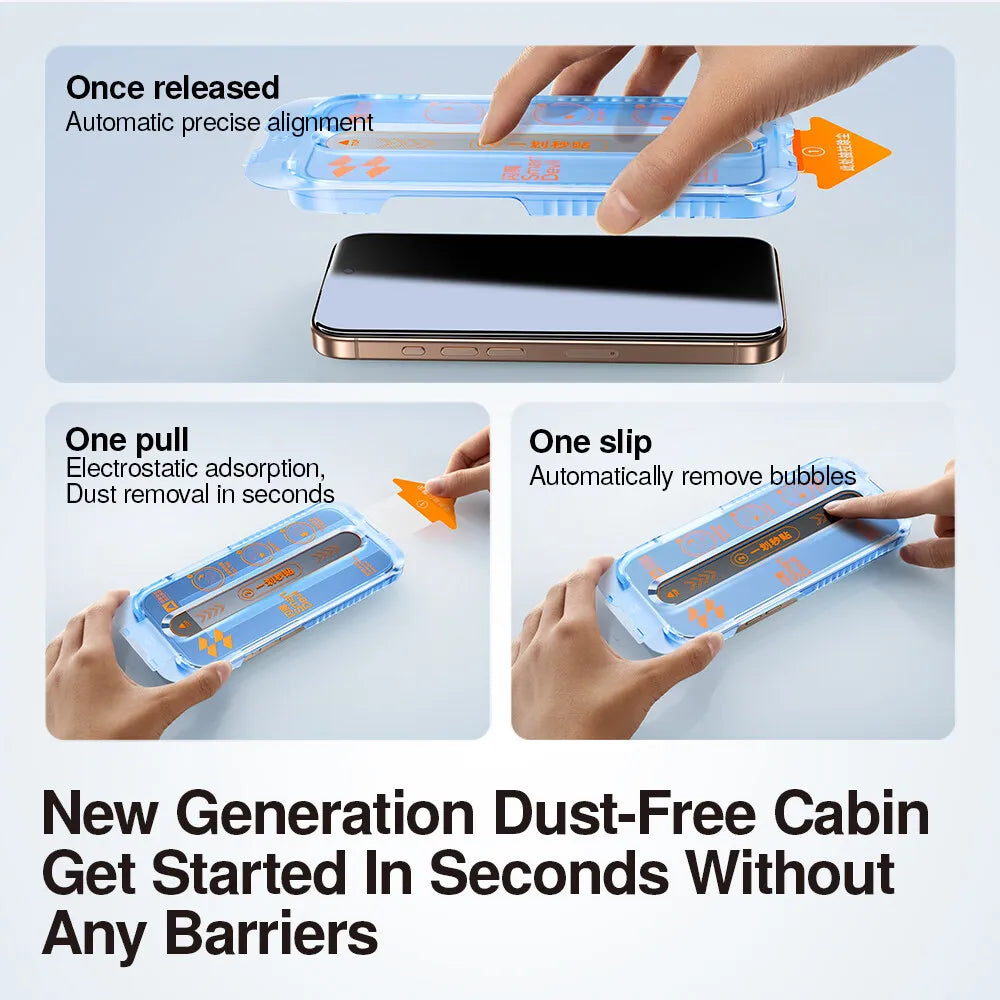 A hand places a privacy screen protector onto a smartphone, demonstrating automatic precise alignment and dust removal featur