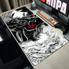 A large black and white anime illustration of a fierce character on a gaming desk mat.