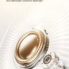 Close-up view of a metallic gold AI-powered translator earbud with a transparent case.