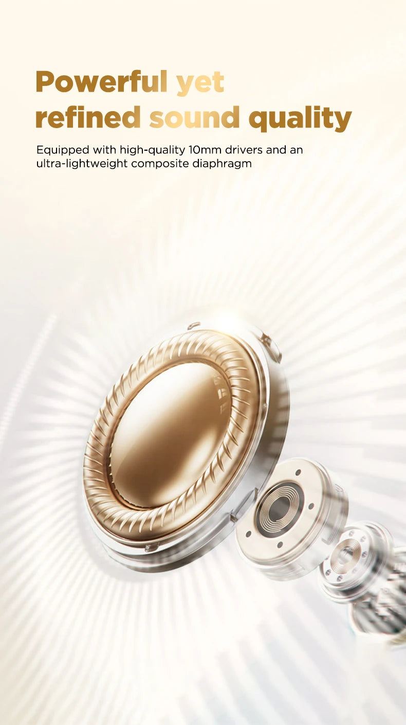 Close-up view of a metallic gold AI-powered translator earbud with a transparent case.