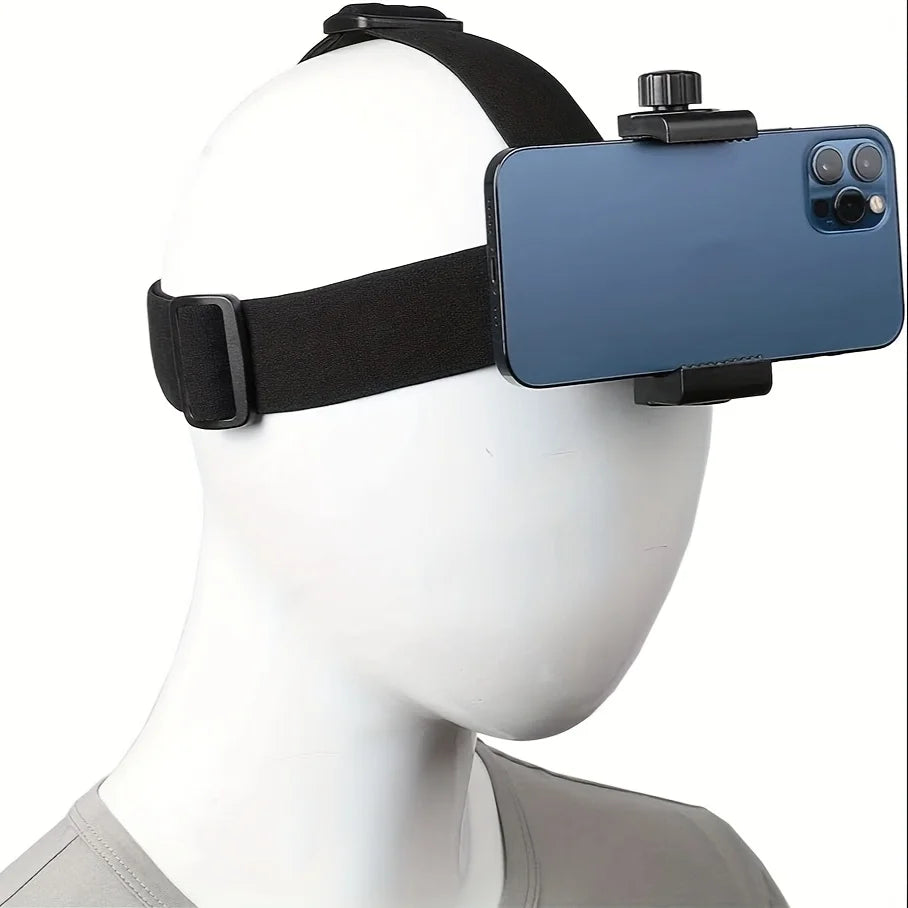 A black adjustable head and chest mount is shown attached to a white mannequin, designed for mounting action cameras or phone