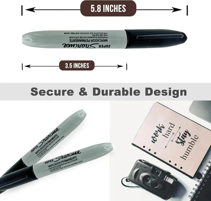 A black marker pen with a silver cap and a clear measurement scale showing 5.8 inches and 3.5 inches.