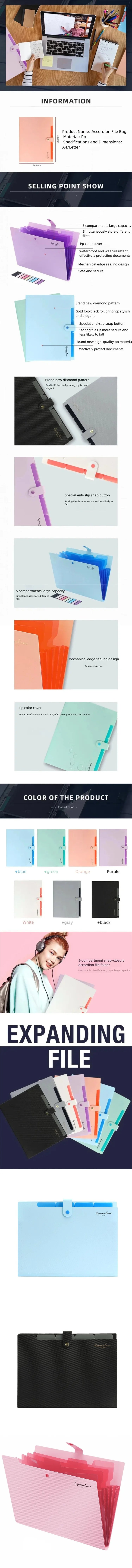 A collection of A4 document accordion folders in various colors including blue, green, orange, purple, white, gray, and black