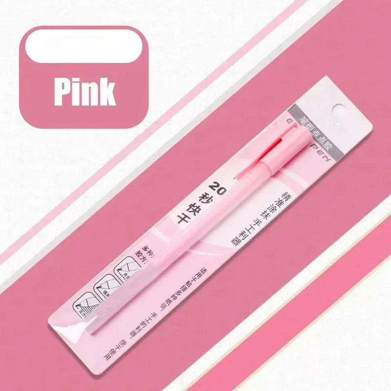 A pink quick-dry glue pen is shown next to a pink color swatch.
