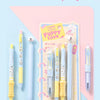 A display of four cute heart-shaped gel pens with animal patterns in yellow and light blue.