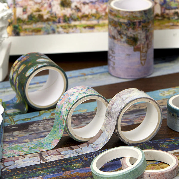 A collection of decorative washi tape rolls featuring oil painting textures in various colors and shades.