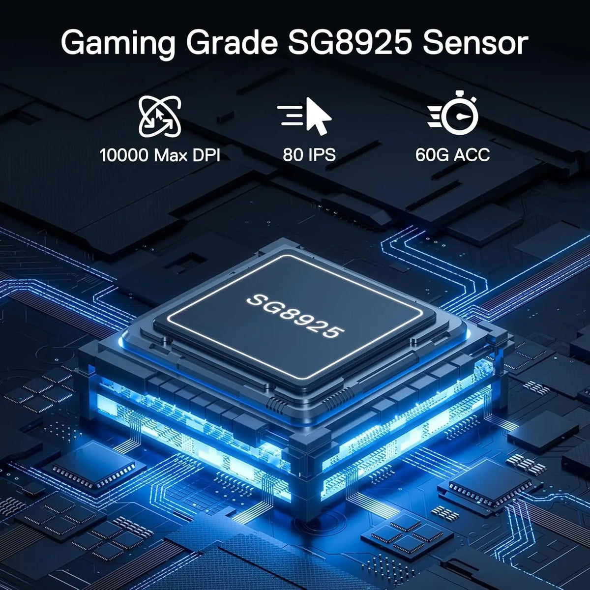 A close-up view of a Gaming Grade SG8925 sensor chip on a blue circuit board with glowing lines.