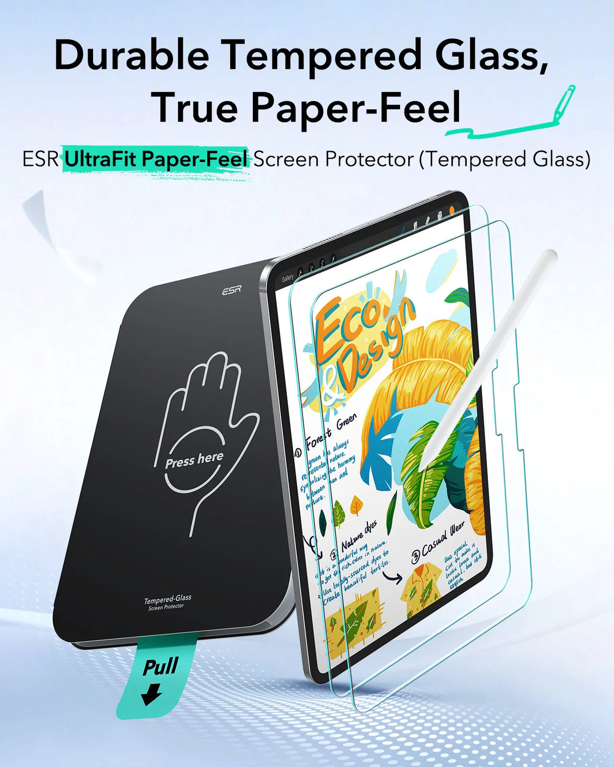 A black tempered glass screen protector is shown being applied to an iPad screen.