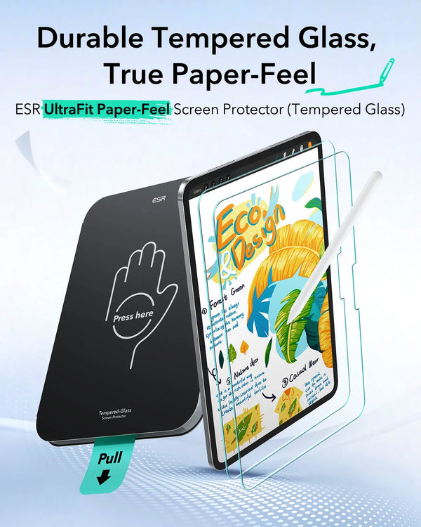 Un protecteur d'écran en verre trempé noir est appliqué sur l'écran d'un iPad.