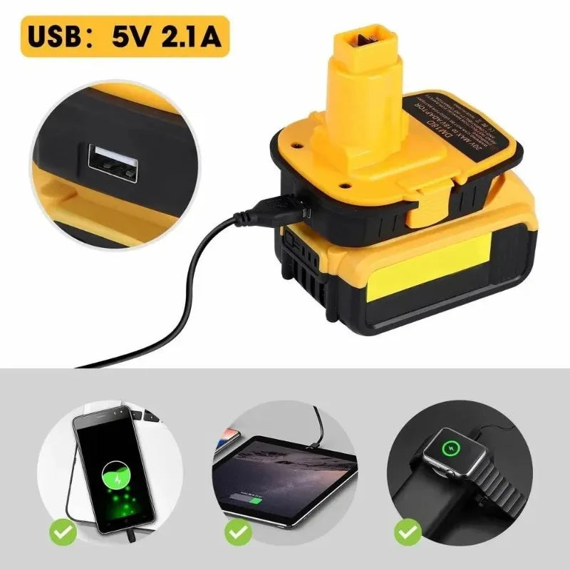 Adaptador de conversión de batería amarillo y negro con cable de salida USB, junto a baterías de herramientas eléctricas.