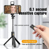 A black selfie stick tripod with a smartphone mounted, featuring a 10m remote control and LED fill light.