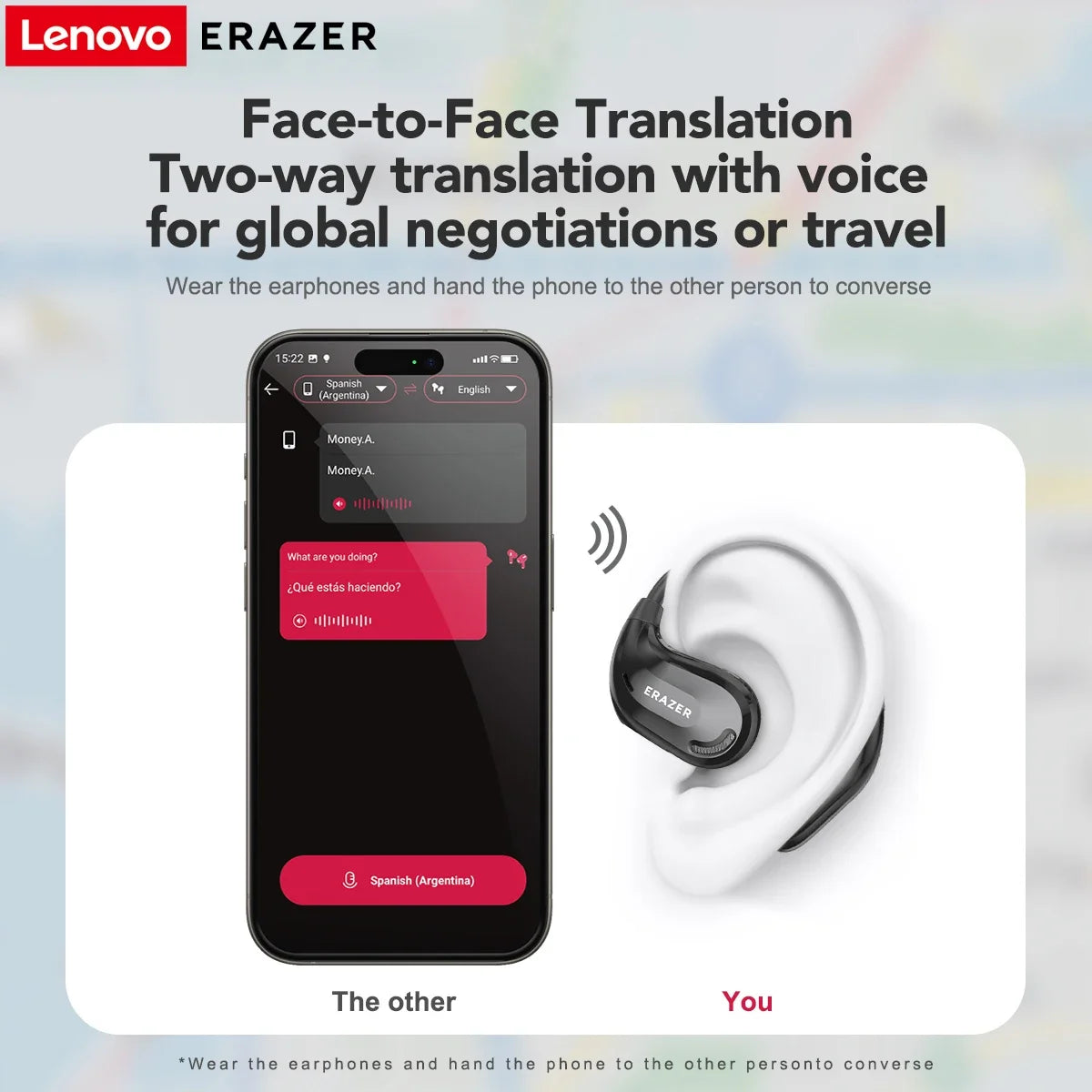 Lenovo Erazer earbuds and a smartphone demonstrating face-to-face translation for global negotiations or travel