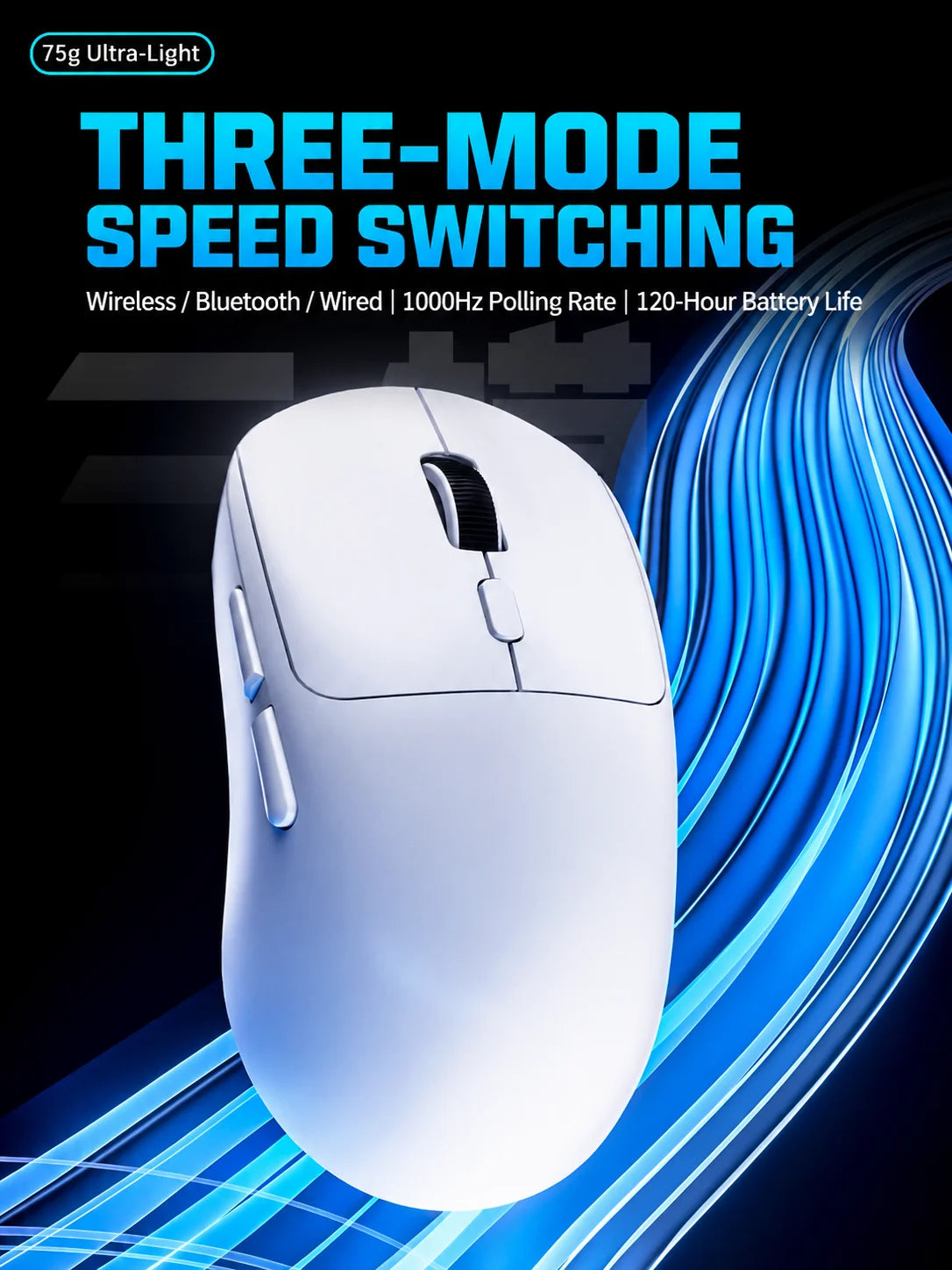 Souris informatique blanche au design élégant sur fond sombre avec des traînées de lumière bleue.